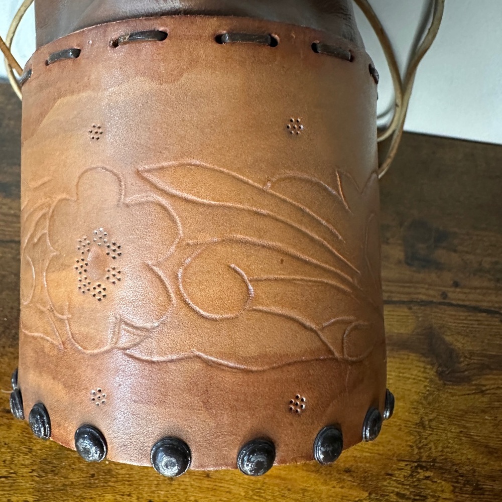 VTG Handcrafted Tooled Leather Cylinder Bucket Bag Drawstring Backpack Studded - Picture 3 of 11